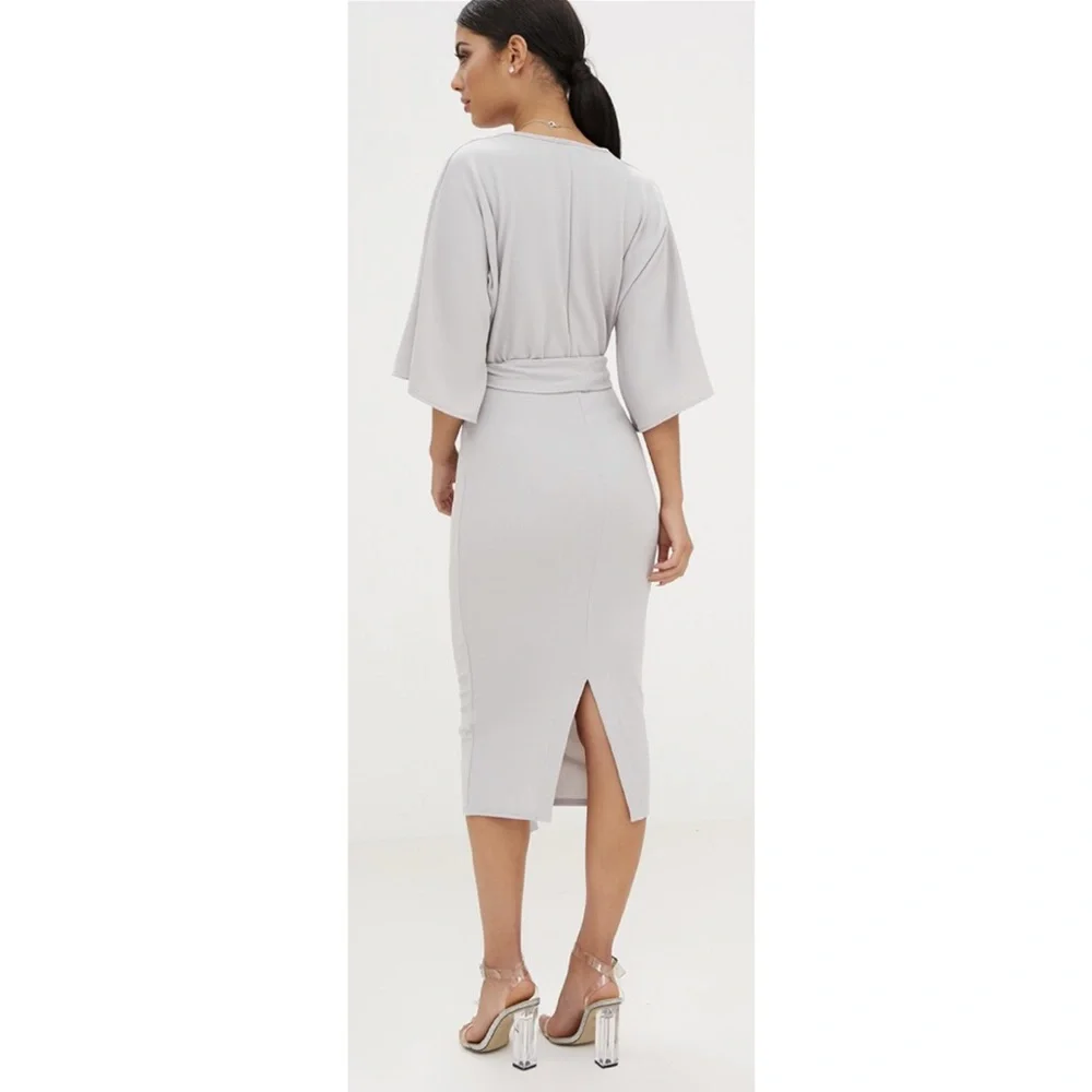 Ice Grey Kimono Sleeve Tie Waist Midi Dress - Picture 3 of 6